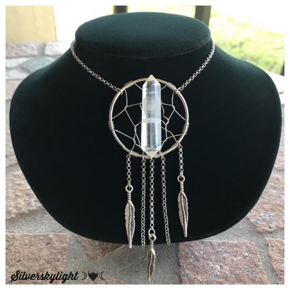 Dream catcher necklace . Genuine double point crystal quartz boho feather silver - Picture 8 of 11